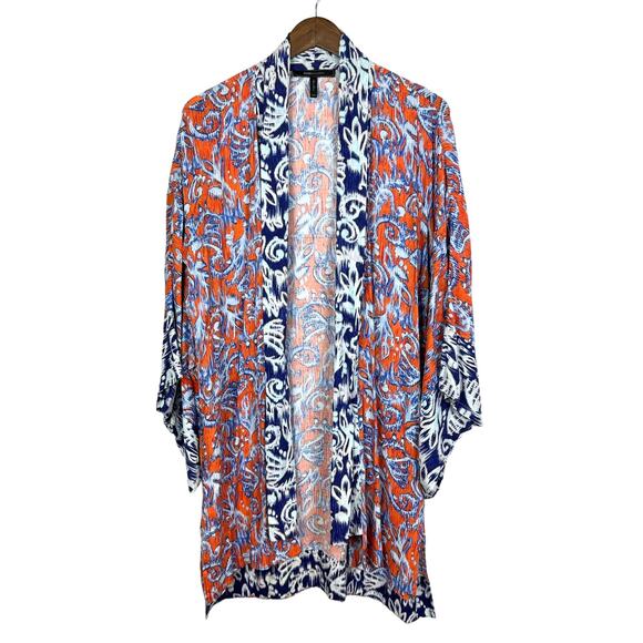 BCBGMaxazria | Tildie XS/S Blue Orange Ikat Print Oversized Open Kimono Cardigan - Picture 4 of 12